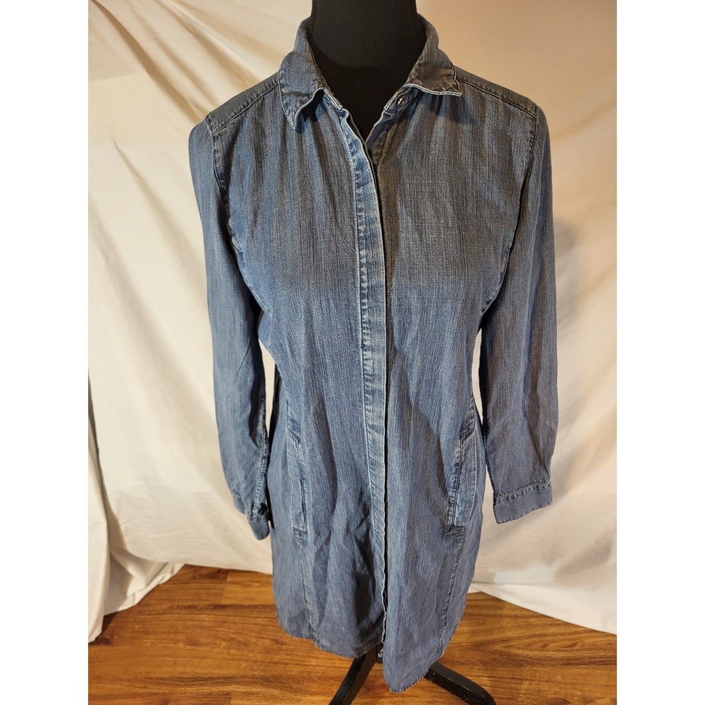 Eileen Fisher Blue Denim Shirt Dress Chambray Tencel Cotton Pockets Collar XS